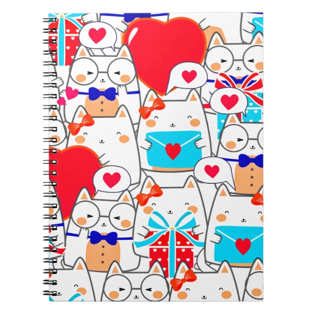 Kawaii Funny Cats Seamless Love Pattern Notebook (Front)
