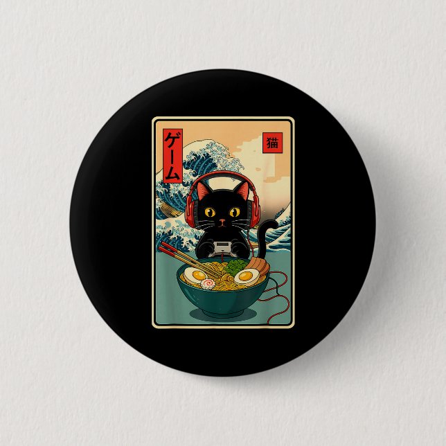 Kawaii Gamer Cat Ramen Retro Japanese Funny Cat Ga Button (Front)