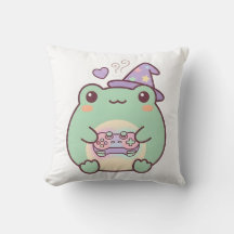 Kawaii Gamer Frog Wizard Pastel Cozy Throw Pillow