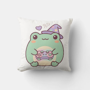Kawaii Gamer Frog Wizard Pastel Cozy Throw Pillow