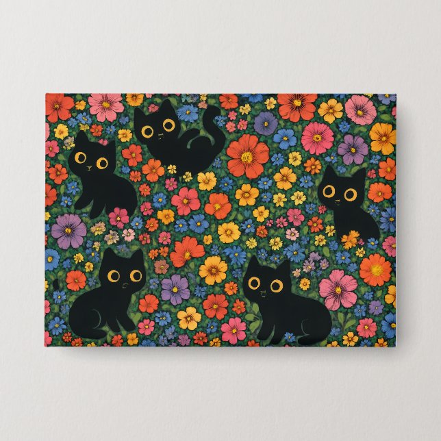 Kawaii Garden Art | Cute Black Cat Floral Pattern Button (Front)