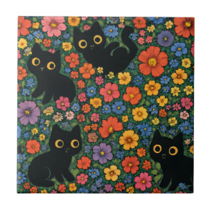 Kawaii Garden Art Cute Black Cat Floral Pattern Ceramic Tile