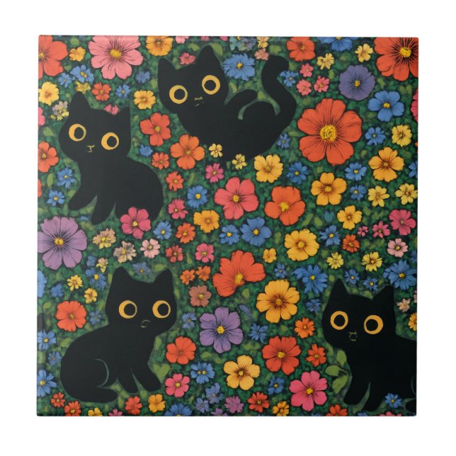 Kawaii Garden Art | Cute Black Cat Floral Pattern Ceramic Tile (Front)