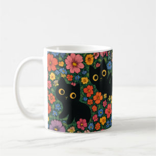 Kawaii Garden Art Cute Black Cat Floral Pattern Coffee Mug