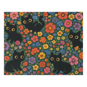 Kawaii Garden Art Cute Black Cat Floral Pattern Faux Canvas Print