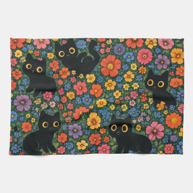 Kawaii Garden Art | Cute Black Cat Floral Pattern Kitchen Towel (Horizontal)