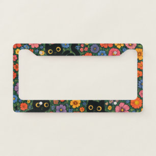 Kawaii Garden Art   Cute Black Cat Floral Pattern License Plate Frame