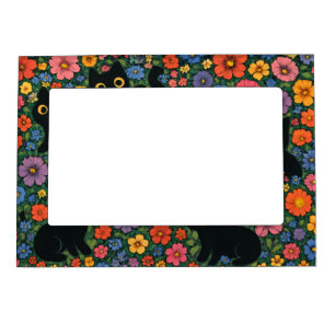 Kawaii Garden Art   Cute Black Cat Floral Pattern Magnetic Frame