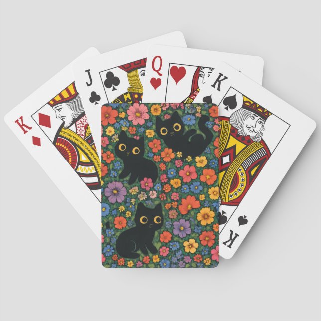 Kawaii Garden Art | Cute Black Cat Floral Pattern Poker Cards (Back)