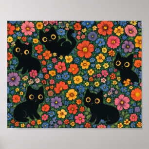 Kawaii Garden Art Cute Black Cat Floral Pattern Poster