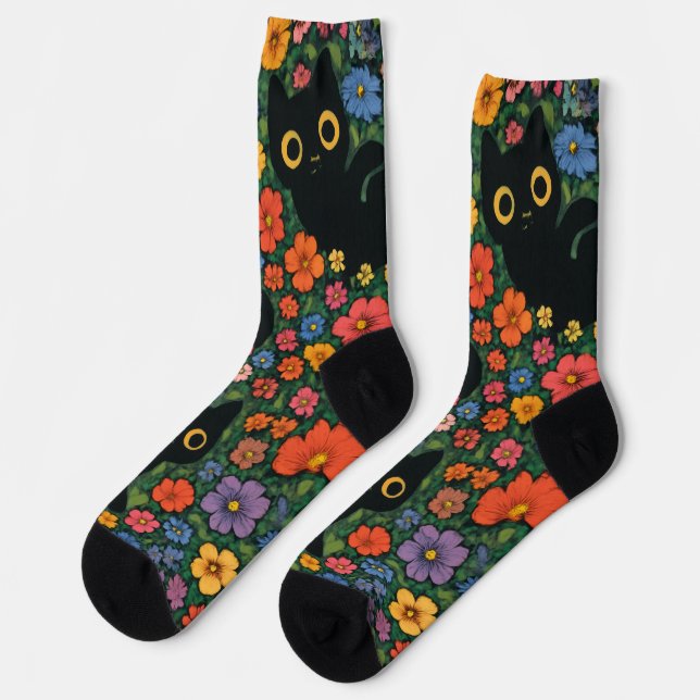 Kawaii Garden Art | Cute Black Cat Floral Pattern Socks (Left)