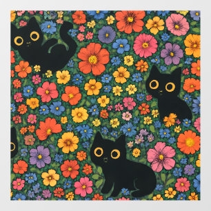 Kawaii Garden Art   Cute Black Cat Floral Pattern Window Cling