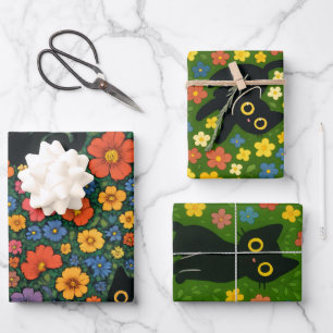 Kawaii Garden Art – Cute Black Cat Floral Pattern Wrapping Paper Sheets