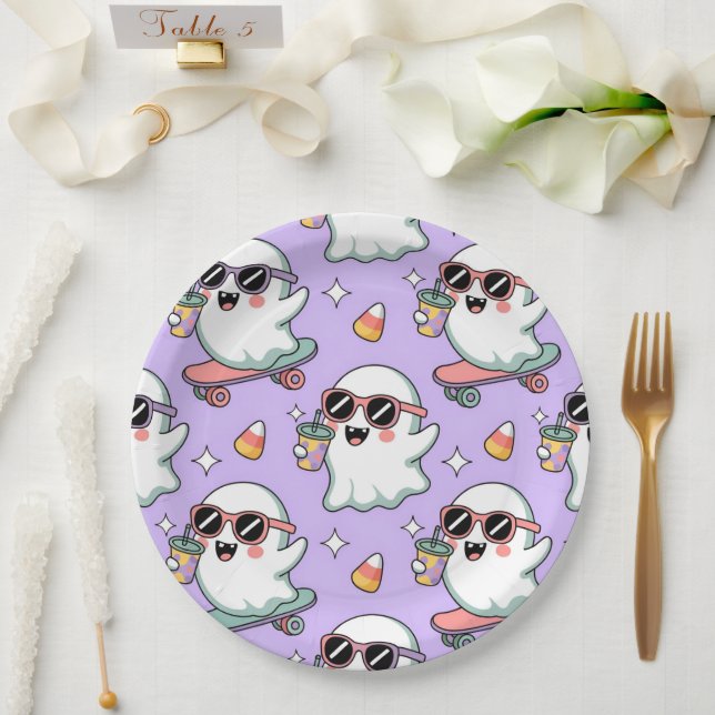 Kawaii Ghost Bubble Tea Pattern –Cute Pastel Ghost Paper Plates (Wedding)