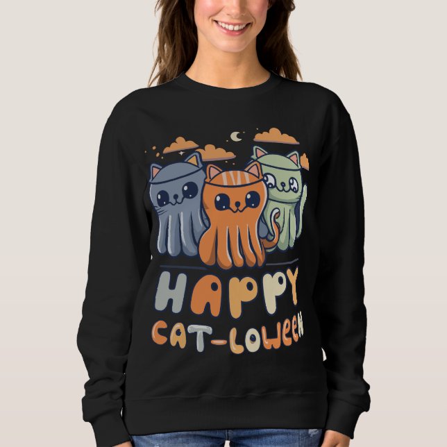 Kawaii Ghost Cats Happy Cat-loween Halloween Pun Sweatshirt (Front)