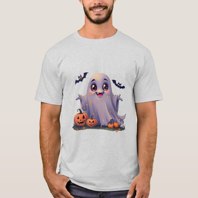 Kawaii Ghost Cute Cartoon Design with Rounded Edge T-Shirt (Front)