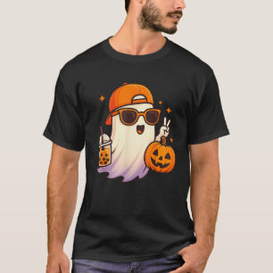 Kawaii Ghost Drinking Pumpkin Boba Tea Cute Ghost T-Shirt