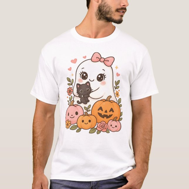 Kawaii Ghost Halloween Black Cat Pumpkin Fall Spoo T-Shirt (Front)