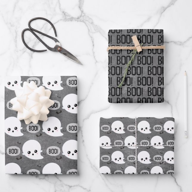Kawaii Ghost Halloween Wrapping Paper Sheets (Front)