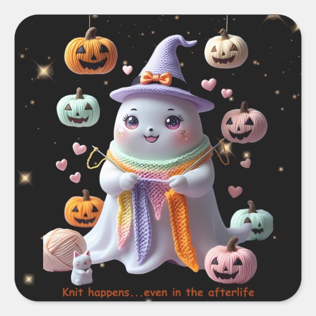 *Kawaii Ghost Knitting Sticker – Cute Halloween Gi (Front)
