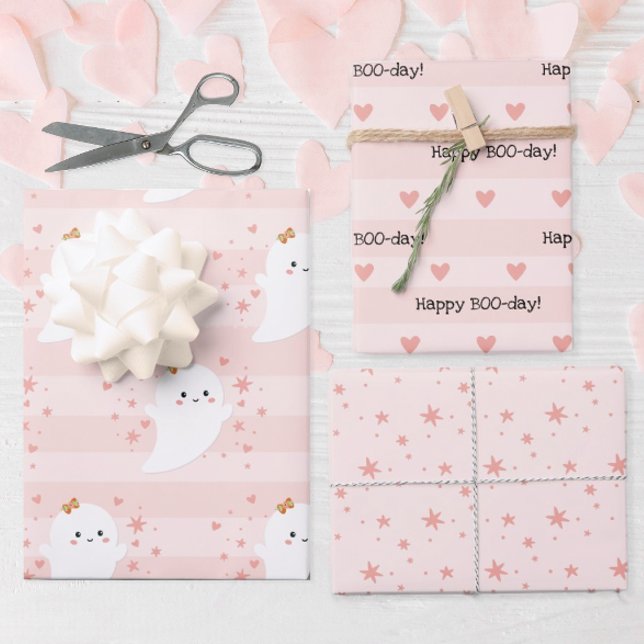 Kawaii Ghost Pink Halloween Birthday Wrapping Paper Sheets (Happy BooDay Cute Ghost Halloween Birthday Gift Wrap)