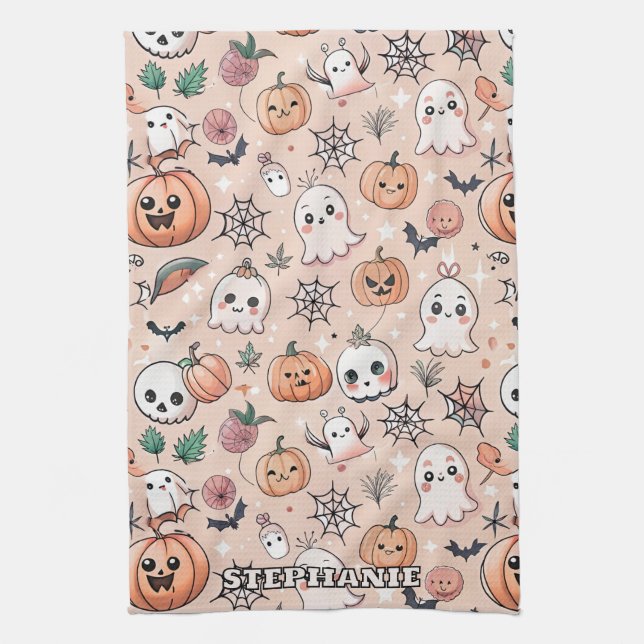 Kawaii Ghost Pumpkin Halloween Orange Pattern Kitchen Towel (Vertical)