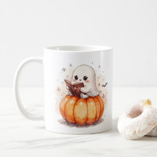 Kawaii Ghost Reading on Pumpkin – Cute Halloween Coffee Mug