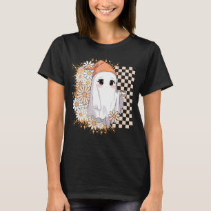 Kawaii Ghost with Coffee and Daisies - Cute Cozy T-Shirt