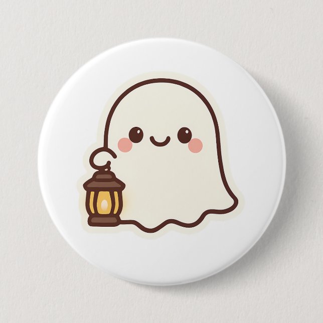 Kawaii Ghost with Lantern – Cute Spirit Design Button (Front)