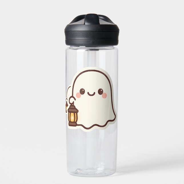 Kawaii Ghost with Lantern – Cute Spirit Design Water Bottle (Front)
