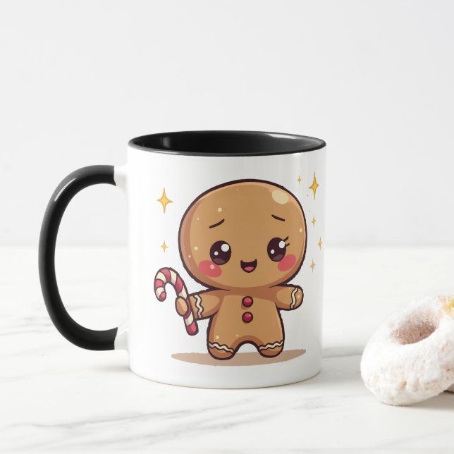 Kawaii Gingerbread Man Cute Christmas Coffee Mug (With Donut)