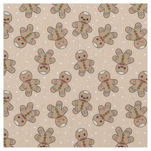 Kawaii Gingerbread Man Pattern  Fabric (Close Up)