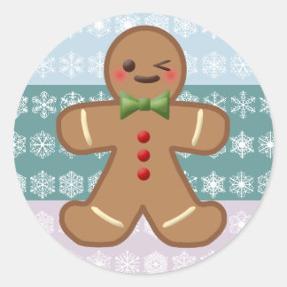 Kawaii Gingerbread Man & Snowflakes Classic Round Sticker