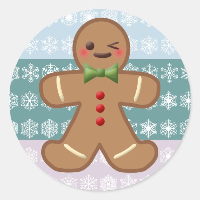 Kawaii Gingerbread Man & Snowflakes Classic Round Sticker (Front)