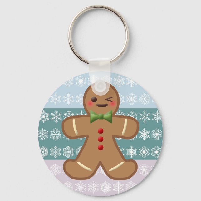 Kawaii Gingerbread Man & Snowflakes Keychain (Front)