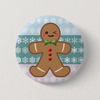 Kawaii Gingerbread Man & Snowflakes Pinback Button