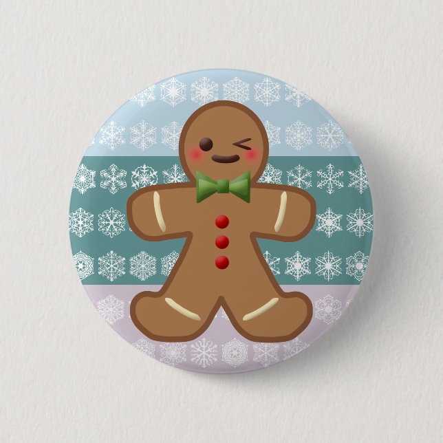 Kawaii Gingerbread Man & Snowflakes Pinback Button (Front)