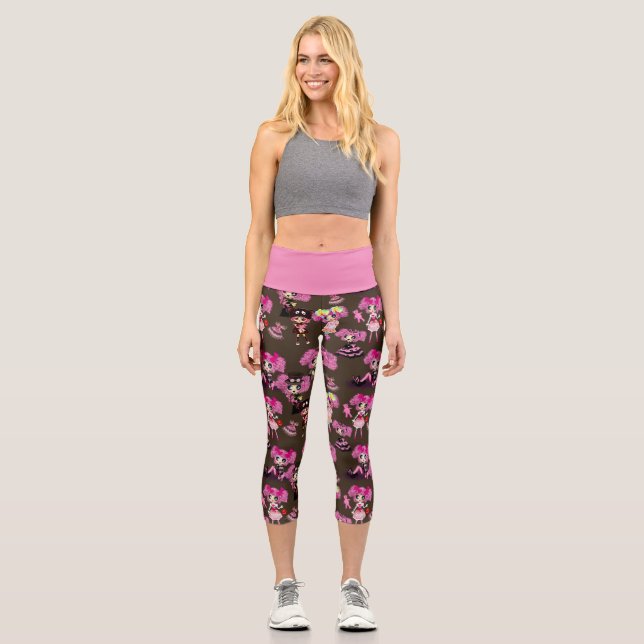 Kawaii Girl Chibi Doodles Pink High Waist Yoga Capri Leggings (Front)