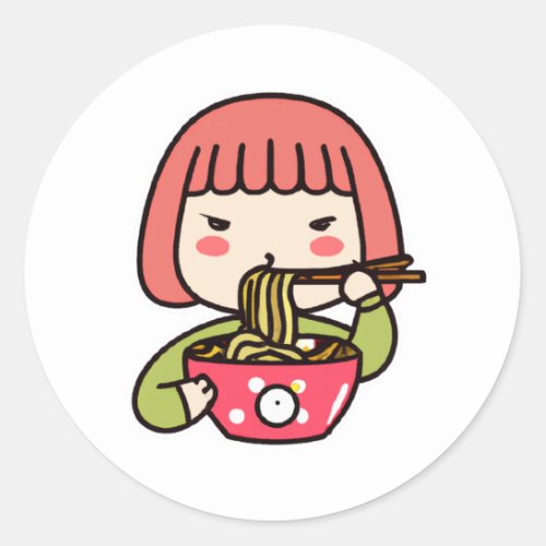 Kawaii Girl eating Ramen with Chopsticks Classic Round Sticker