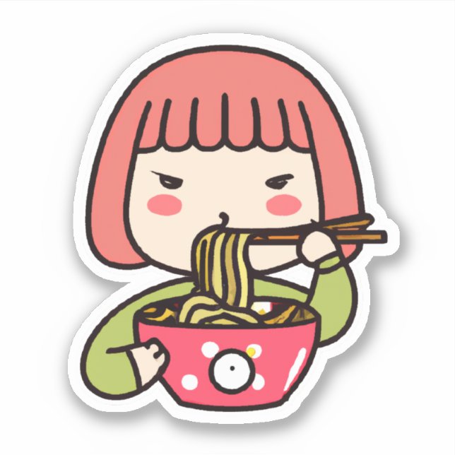 Kawaii Girl eating Ramen with Chopsticks Sticker (Front)