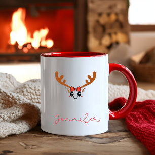 Kawaii Girl Reindeer Face Custom Name Christmas Two-Tone Coffee Mug