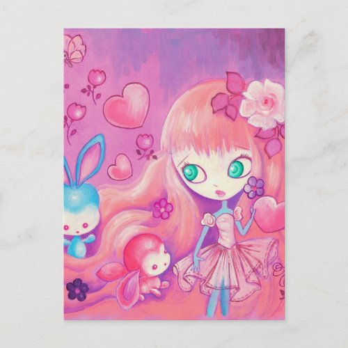 Kawaii Girl With Cute Bunnies Postcard