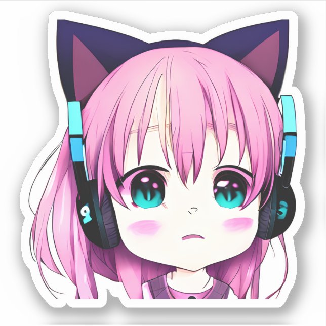 Kawaii Girl with Headphones on Sticker (Front)