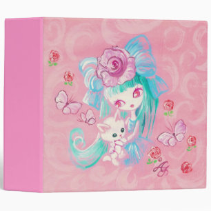 Kawaii Girl With Kitten 3 Ring Binder