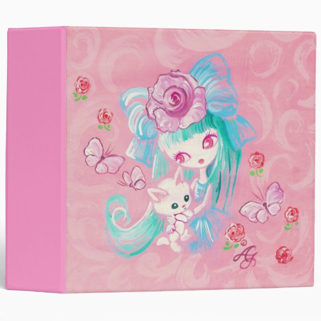 Kawaii Girl With Kitten 3 Ring Binder (Front/Spine)