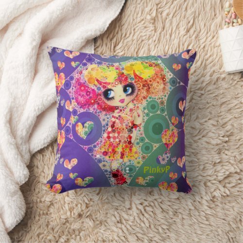 Kawaii Girly Cute Goth Girl Pink Hair Rainbow Throw Pillow