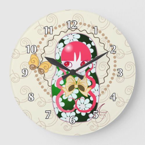 Kawaii Gold Bow and Flowers Matryoshka Large Clock