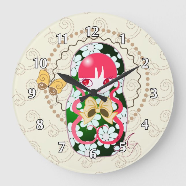 Kawaii Gold Bow and Flowers Matryoshka Large Clock (Front)
