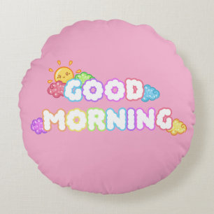 Kawaii Good Morning Sun & Rainbow Clouds Round Pillow