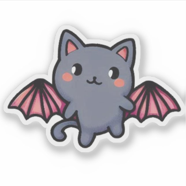Kawaii Gray Bat Cat - Adorable Flying Kitten Sticker (Front)
